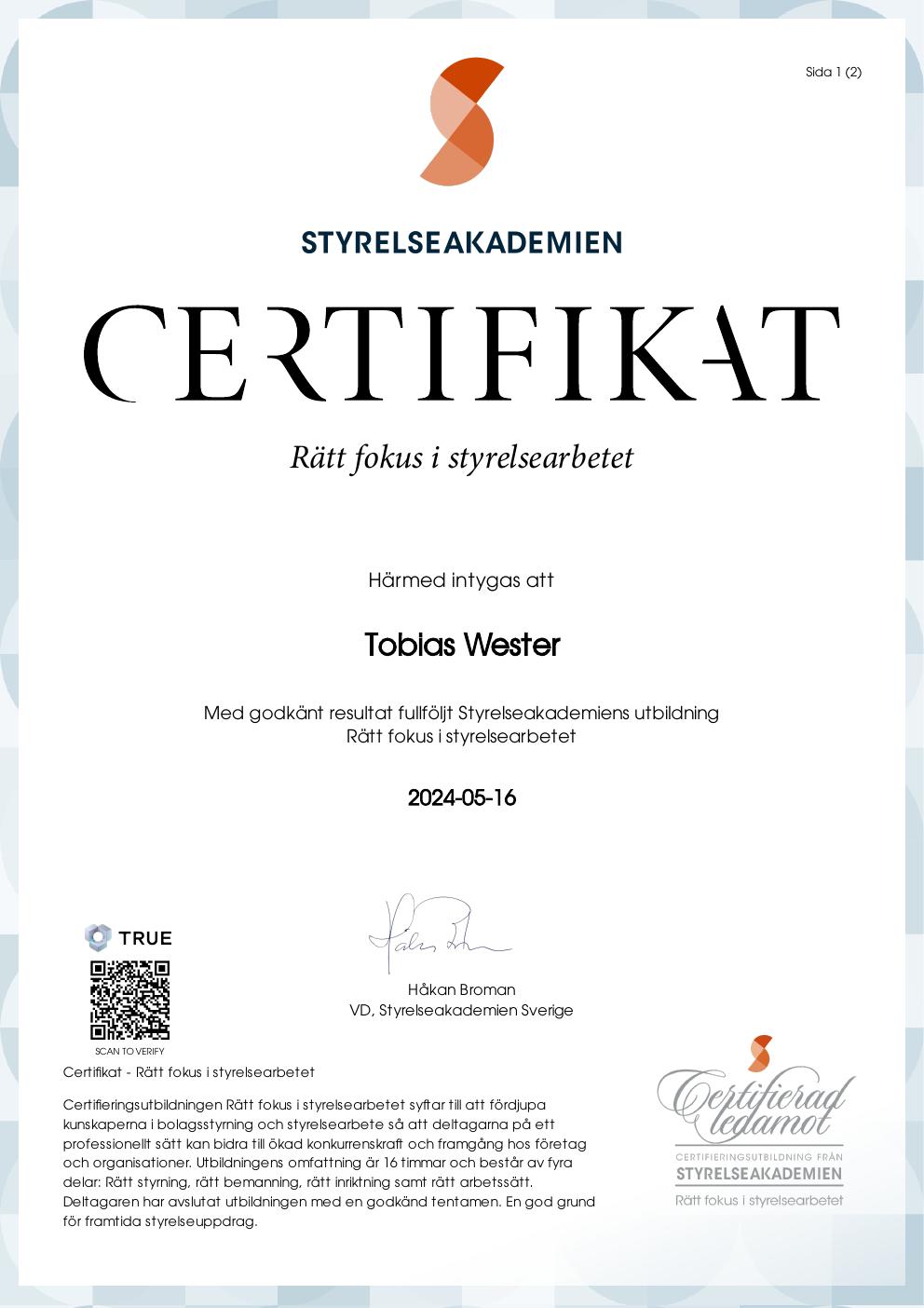 Certifikat från StyrelseAkademien för Tobias Wester